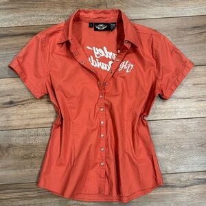 HARLEY DAVIDSON VINTAGE Cinched Collared Orange Pearl-snap Button-up | Medium